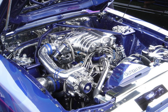 A typical Vortech A-Trim supercharger installation on a Fox Mustang - the A-Trim was Vortech's first centrifugal supercharger. Image Credit: Vortech Superchargers
