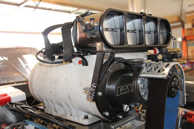The foundation for making enough power to break records lies in the blower.  Dan stepped up to C-Rotor PSI blower which initially made the Viper too violent.  The first complete pass down the track with the new blower was the record setting pass.  