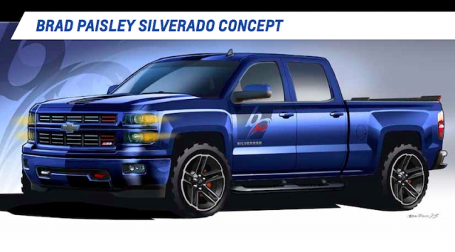 InSIDE AnD OUT, THIS RACInG-InSPIRED SILVERADO CREw CAB SHORT BOx COnCEPT REFLECTS THE BOLD, TASTEFUL STyLE OF COUnTRy MUSIC STAR BRAD PAISLEy wHO HELPED DESIGn IT. A UnIqUE BRAD PAISLEy LOGO (CREATED ESPECIALLy FOR THIS TRUCk) HIGHLIGHTS ExTERIOR ELEMEnTS. A kICkER® SUBwOOFER SOUnD SySTEM EnSURES A RICH LISTEnInG ExPERIEnCE EVERy TIME yOU TURn On THE TUnES.