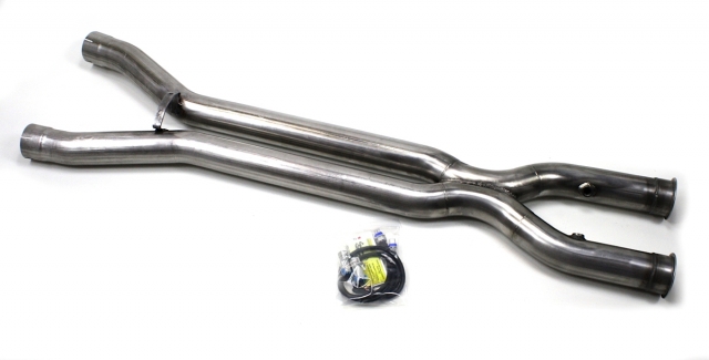 The complementing component to long-tube headers is the “mid-pipe” section that links the headers with the muffler system. It’s a necessity with long-tubes, because the longer length of the headers means they won’t bolt up to the factory pipes. This is JBA’s mid-pipe.