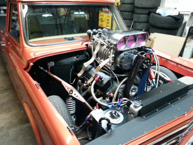 The 496 cubic inch big block Chevrolet which, thanks to a 14-71 supercharger, produces an estimated 1,600 horsepower