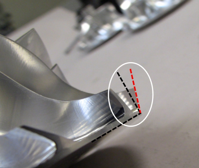 The black doted line represents a standard compressor wheel outer diameter. BorgWarner uses Extended Tip Technology (shown in Read) to get a smaller wheel to perform like a larger wheel