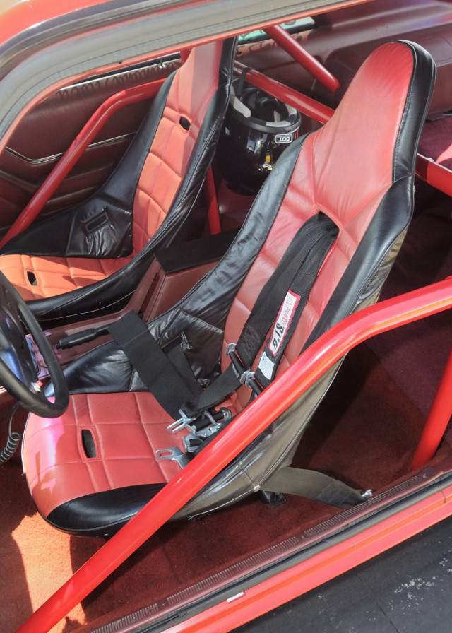 The custom racing buckets fit neatly inside the 6 point bar, and the 5 point RJS Restraints keep Albert securely in place.