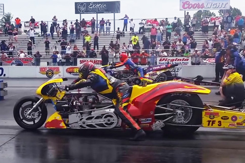 Video: The First Side-By-Side 5-Second Top Fuel Bike Pass In History