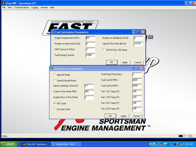 Here in the Startup Wizard is where you define specific operating parameters of the engine; the number of cylinders, fuel injector flow rates, MAP sensor capabilities, and so on. Note that our fuel energy constant with E85 needs to be set at .680 - gasoline would be 1.00. Also, our injectors are actually 125 lb./hr. injectors, but running at our 58 psi fuel pressure, they become 131 lb./hr. injectors. The fuel cut off and on is your rev limiter - it will cut fuel at 6,600RPM, and start delivering fuel again when the engine speed drops below 6,400 RPM.