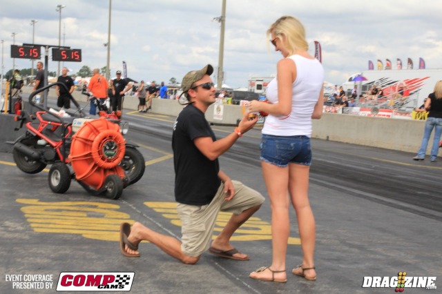 Thomas Finnegan took the opportunity to propose to his girl friend this afternoon here at No Mercy V. He was up in the tower talking to Al Tucci and a plan was hatched. In the center of the burnout area Thomas got on one knee and and presented Charlee Keen with an engagement ring and she accepted. The two have known each other since childhood and now look forward to spending their lives together.