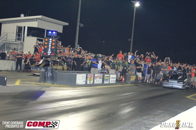 Radial vs the World had 46 cars in the class until the final round where several racers bought in for some test runs. After two round the bump was a 4.716 with Big Daddy occupying that spot. By the end of the night the bump was a near unbelievable 4.371 with Michael Locklear from Raeford, North Carolina just making the field. The first pair out on round three was Keith Berry and Bad 9er Kyle Hutell.. Hutell put a tree on Berry taking the grudge win with a 4.253 over Berry's 4.13. Stevie fast and the Golden Gorilla Dewayne Mills were up next with Jackson getting the edge with a 4.10 over Mills' 4.11 in a great side by side match.