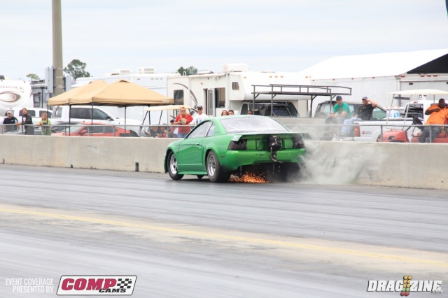 South Florida racer Ronnie Wilson launched into a wheelie on his first run today, then again on his second attempt however the car got crooked and brushed the right side wall after coming down out of the groove.