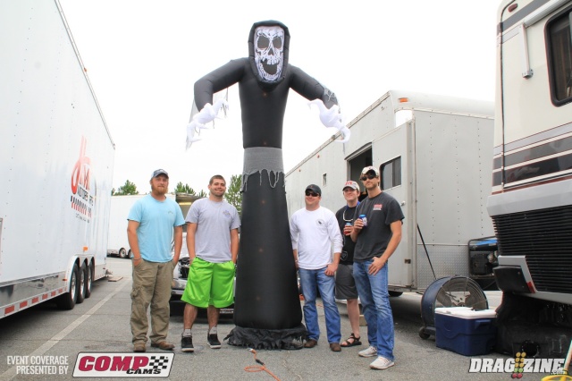 Martin Shows has a new Fulton 738 purchased from Barry Mitchell. So far Alex has been a 4.48, a 4.47 and a 4.45 testing yesterday. So far so good for the father and son team. Also on board is Pressurized Solutions who did the new Zoomie style headers, Induction Solutions, Team Z Motorsports, Pro Lite Batteries and Mark Menscer shocks and struts. From left to right, Dusty Right, Alex Shows, Josh Sullivan, Wesley Ashley and Josh Thorton. Alex's father Martin is not shown.