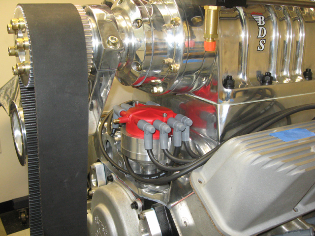 There was an inordinate amount of custom work that went into this build. Rabotnick tells us that his lead machinist, Willie Blair, can do amazing thing with metal. The distributor is a heavily modified unit that uses a big-block Chevrolet 'crab-cap' to allow at-track service of the distributor in the event of an internal issue, and this is the only FE engine in existence with this distributor. Also note the position of the blower drive pulley. The blower snout has been shortened up by a whopping four inches to pull the entire assembly closer to the engine and remove unwanted stress from the crankshaft.