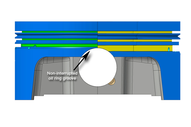 This side-by-side development drawing show how the 2.0mm oil ring stays away from the piston pin. In the process, the smaller dimensions also mean lighter rotating weight, and in a racing engine that can pay unseen benefits.