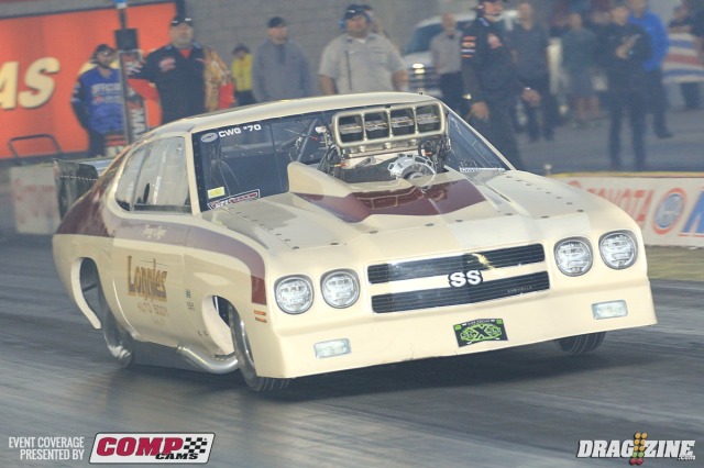 This 1970 Chevelle in Outlaw Pro Mod is driven by Tom Dwyer based in Huntly, Illinois and powered by a 526 big Chevy. He sits in twelfth with a 6.43 with his best MPH being 229.