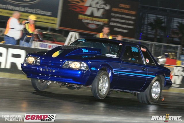 Art Raz is also running Pro Radial and made the haul from Ridgefield, Washington with his 85 Mustang. his 8.69 at 151 was good fro fifteenth spot of seventeen cars in class.