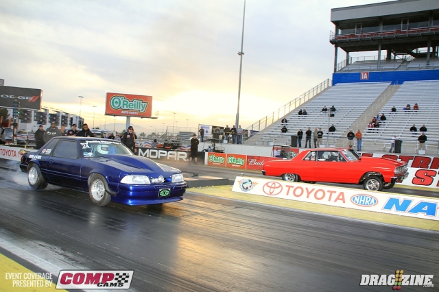 Casey Van Tol (far lane) and Scott Bieschke paired up in Vortech Outlaw 8.5 with Bieschke blowing the tires off at the hit. Van Tol landed fifteenth with a 5.59 at 126 MPH in the 32 car field.