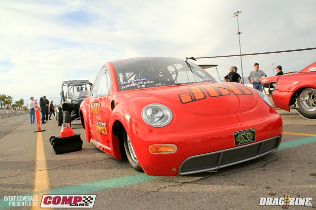 Doug Harvey dives the Diablo Rojo VW Beetle for Harvey and Larsen Racing using an old style air cooled block and heads running OL 10.5 this weekend. His best run in the car is a 7.80 @ at 175 MPH. The Tumecula, California based team sits 23'rd in class today after a DQ on his qualifying attempt..