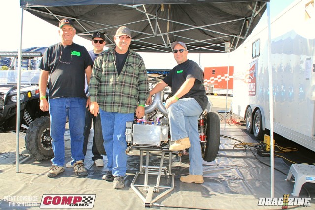 Troy "Pimp Daddy" Cafaro runs this 1963 Corvette in Magnafuel OL 10.5 with a small block Chevy 400 topped with BD 2000 heads and force fed by twin 88's with a Kam engine management system. He has been running this set up about two years making an east 6.80 pass yesterday on lower boost.