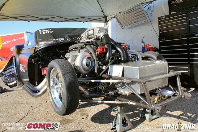 "Wild Man" Eric Peterson runs The EFI Store Outlaw Pro Mod with his 1951 Chevy. Eric switched from a Procarged set up to twin Precision 88's feeding a 600 cubic inch Big M Chevy block. This is his first weekend running turbos for the Seattle, Washington area based team. Lloyd Culp Race Cars built the chassis with engine machine work by Randy Parker and assembled in house backed by a Rossler three speed and spec right converter.