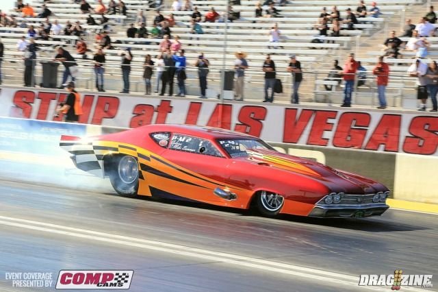 Mike Bowman put his 1969 Chevelle on the pole of Precision Turbo Pro Mod with a 5.83 at 253 for the Oak Hills, California based racer. He sports a 2 on his windshield signifying his 2013 points standing.