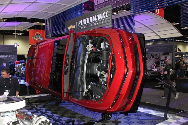 Of course, the highest concentration of late-model Chevy performance was in the Chevy Performance booth, with an SS equipped with upfit ZL1 and Z/28 parts propped up on its side, and a 2015 COPO Camaro.