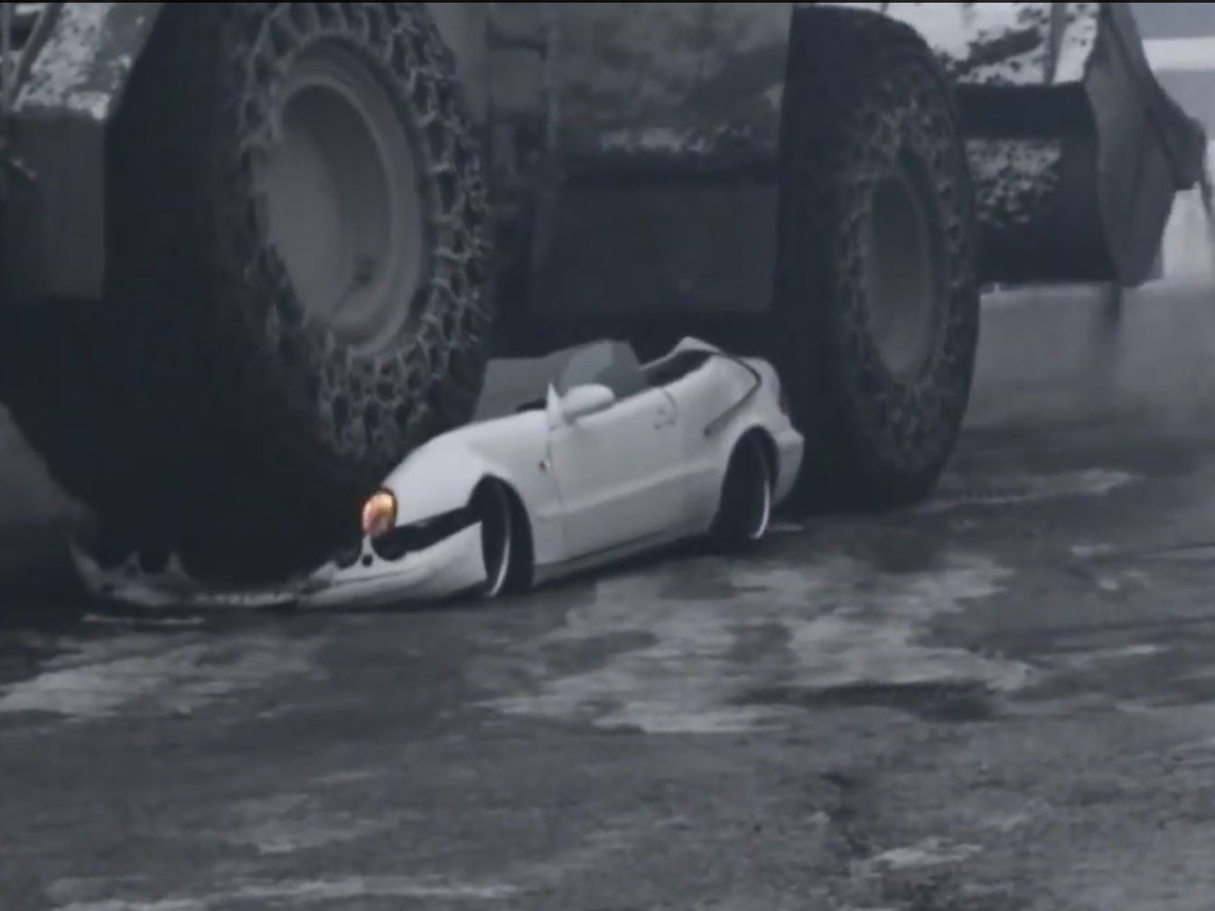 Video: Mercedes Coupe Crushed By BIG Front Loader - Real or Hoax?