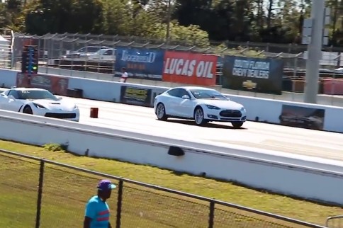 The New Tesla P85D Challenges a C7 Stingray at Their Local Strip