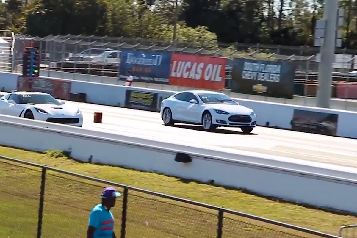 The New Tesla P85D Challenges a C7 Stingray at Their Local Strip