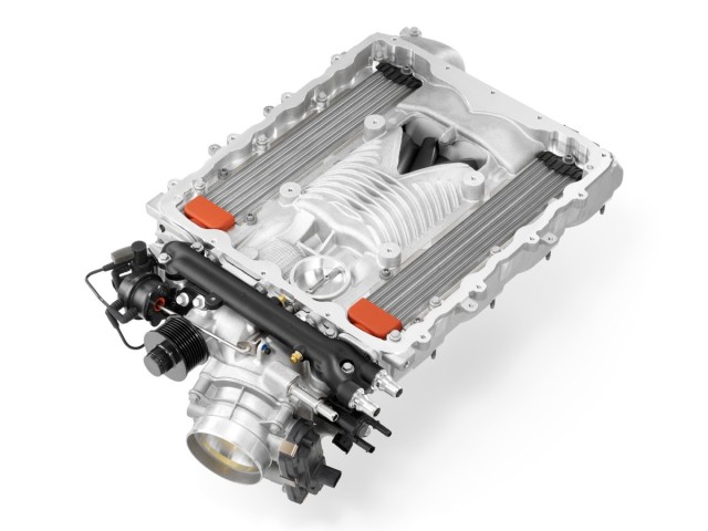 Here's a look at the LT4's supercharger and intercoolers - note that the cores are in a 'downdraft' arrangement, and have to share space between the valve covers with the blower case itself.