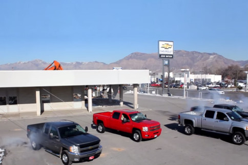 Video: Demolition by Bowtie? Four Duramaxes And One Building