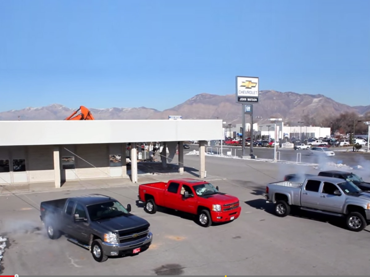 Video: Demolition by Bowtie? Four Duramaxes And One Building