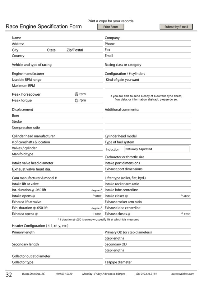 The parameters required for Burns to input into their X-Deisgn program, which assists in specifying optimum header dimensions and materials.