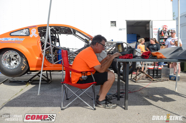 This is about as relaxed as Ed Rice has been all weekend long. After Jennifer Brooke Rice broke a rod on Thursday in testing, Rice headed back hone to Tennessee and built a fresh engine from top to bottom on Friday and through the night, returning on Saturday afternoon in time to drop the motor into Jennifer's Mustang. Rice shared that the engine that broke was his old turbo motor, being run on nitrous with turbo pistons in it. The engine he rebuilt and brought back is a nitrous-specific motor, albeit wit a single turbo-intended piston in the No. 5 cylinder. Rice got the motor fired up last night and with no signs of oil leakage or other issues, is set to run the car today in the first round of Nitrous Pro Street eliminations.