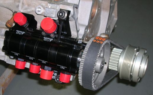 ARE’s block-mounted four stage pump offers the ability to adjust oil pressure. It uses a Roots-lobe scavenge section and is driven from the crankshaft through the use of an HTD belt.