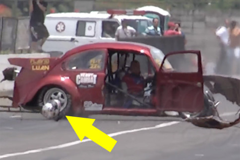 Video: Driver Loses His Helmet In Crazy Head-On Crash!