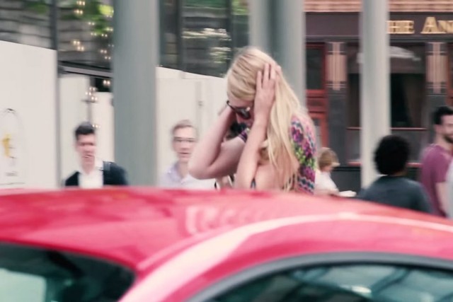 So much for taking this blonde for a ride. She wanted no part of the Shelby GT350R's exhaust, giving it the stink-eye. That's a red flag for us, anyway.
