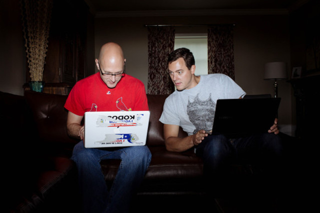 Charlie Miller, left, a security researcher at Twitter,  and Chris Valasek, director of Vehicle Security Research at IOActive, have exposed the security vulnerabilities in automobiles by hacking into cars remotely, controlling the cars' various controls from the radio volume to the brakes. Photographed on Wednesday, July 1, 2015 in Ladue, Mo. (Photo © Whitney Curtis for WIRED.com)
