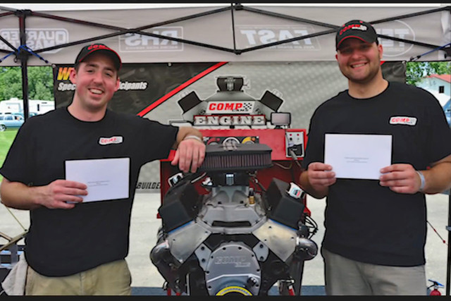Calvin Lohring (left) and Dan Wereminski (right) display their COMP Cams gift certificates earned by winning their matchup of the Engine Builder Duel in Du Quoin, IL.