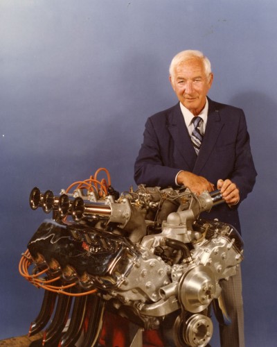 Zora Arkus-Duntov with engine1968 Chevrolet Experimental Big Block V-8 Engine.