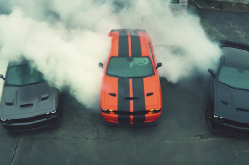 A Threesome Of Dodge Challenger Hellcats Shredding Rubber