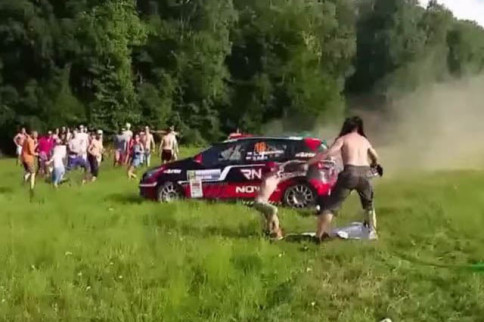 Video: Close Call For Father & Son As Rally Car Veers Off Course