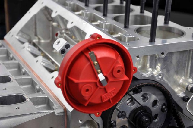 Jesel's cam-driven distributor setup is used for optimum timing accuracy in this application. By driving the distributor with a belt from the camshaft nose timing imprecision is minimized.
