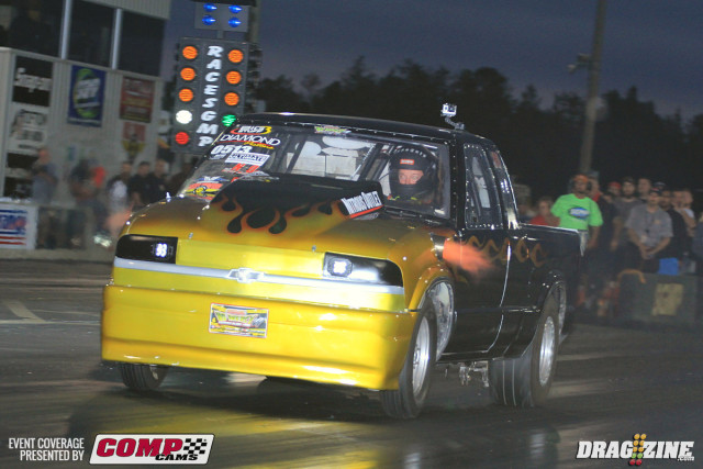 Ft. Meyers, Florida racer Brian Keep went on a weight reduction plan with his S-10 over the past month dropping 300 pounds from the pickupallowing him to make weight and put weight were he needed it. Also on board is a new Billet Valve body and TH 400 three speed transmission from ATF which has improved his reaction times. He qualified sixth Competitive Edge Race Engines, Nitrous Outlet powered machine with a 4.98 at 139 but was put out first round after striking the tires against Mike "Shake n Bake Wacaser.