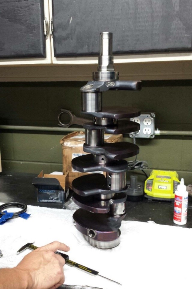 Here's the rank from Jonathan's existing engine, which he had to discard. Central Florida Machine and Speed checked the crank over to make sure it could be used in the new combo. After judging it reusable, the crank was balanced in preparation for installation.