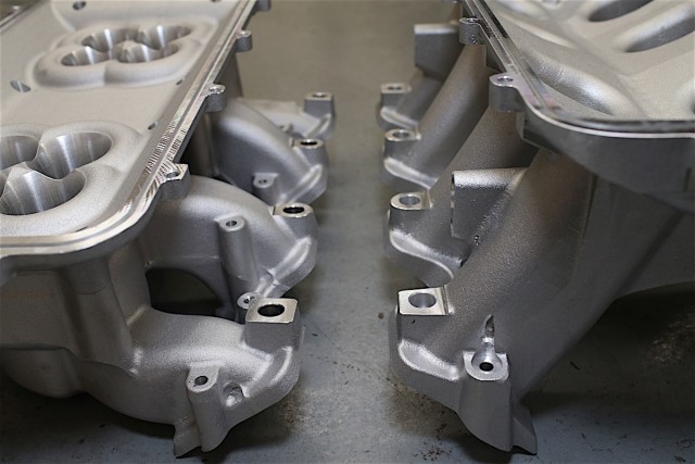 Here you can see that while the Holley Mid-Rise (left) has a runner design that requires a sharp curve, it's basically a straight shot from port to port on the Hi-Ram.