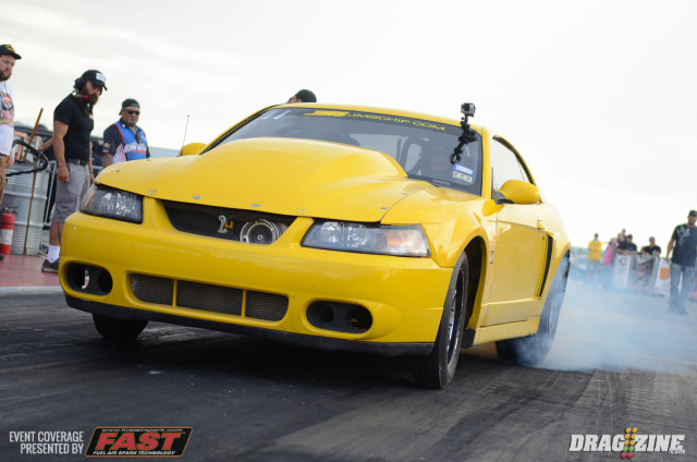 Chris "BoostedGT"Hamilton of Street Outlaws fame is a favorite in the Small Tire class. Hamilton arrived this afternoon and made a test 'n tune pass, going wheels-up out of the gate and straight on through until around 500 feet, when he got completely sideways headed toward the centerline. 