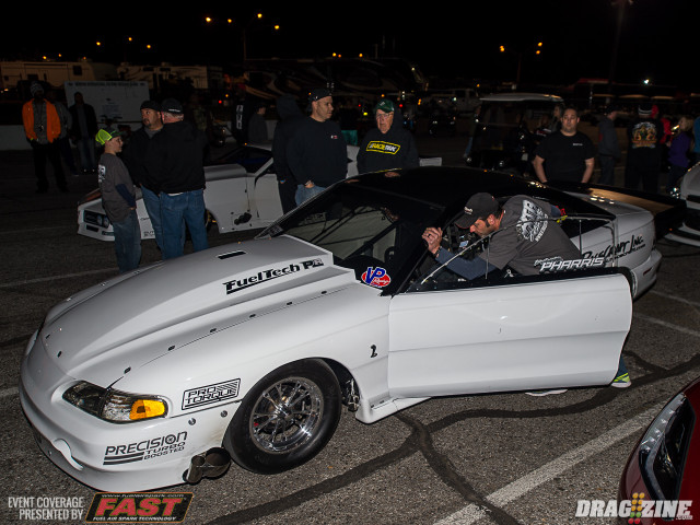 Daniel Pharris has blasted onto the radial scene in the past year, jumping directly into the Radial vs the World fray by qualifying in the top 8 at Lights Out 7 and racing to a semifinal finish, then taking the NMCA Radial Wars win last weekend at Bradenton Motorsports Park. Pharris picked up right where he left off at BMP, running a stout 3.90 in his Josh Ledford-tuned Mustang tonight.