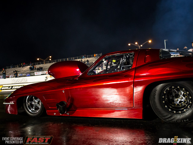 Shay Loveday made a late-session hit in his gorgeous flamed '63 Splitwindow 'Vette, but suffered a nasty nitrous backfire around the 80 foot mark.