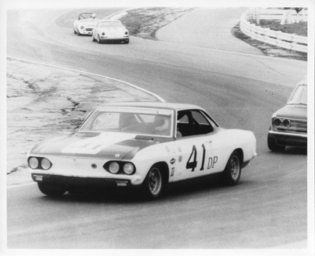 The Yenko Stinger Corvair, mixing it up with the other D Production cars on the road course. 