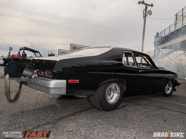 Clint Downs rode out a wild wheelstand in his Nova to a 4.73 at 152 MPH. Downs sits at #11 but his ProCharged entry has much quicker ET's in it if he can keep the front end down.