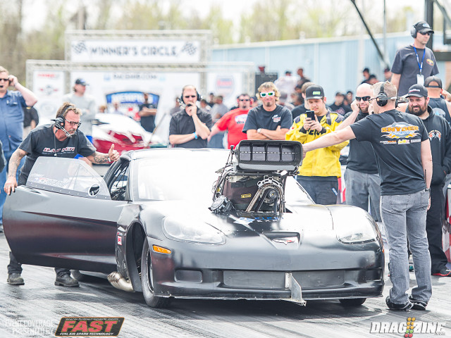 Kyle Huettel is behind the wheel of current Radial vs the World record holder Jason Michalak's C6 Corvette. Huettel powered to a 3.94 to take the early #1 spot. With easy 3.80's in the blown Hemi combo, look for the BAD9ER team to lower the boom when the temps fall this evening.
