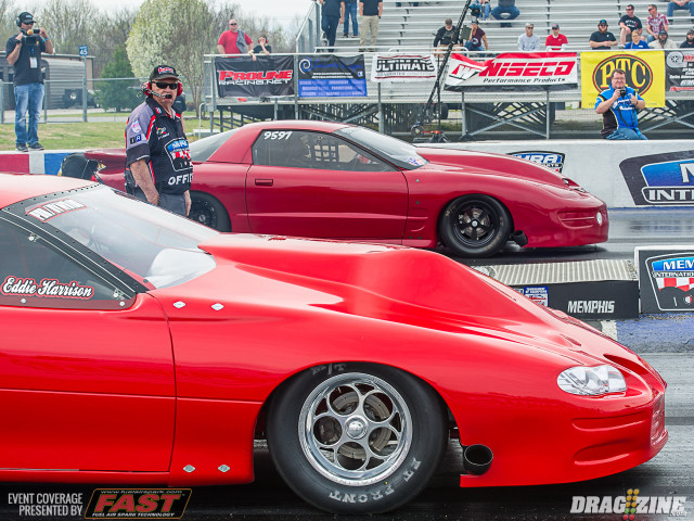 Eddie Harrison (near) and Shannon Beeler paired up in a battle of 4th Gen F-Bodies. Harrison powered into a wheelstand while Beeler fought traction issues. Harrison sits at #17 with a 5.34 while Beeler is #20 with a 6.47. Both teams will definitely be looking for better numbers in the sessions to follow this evening.